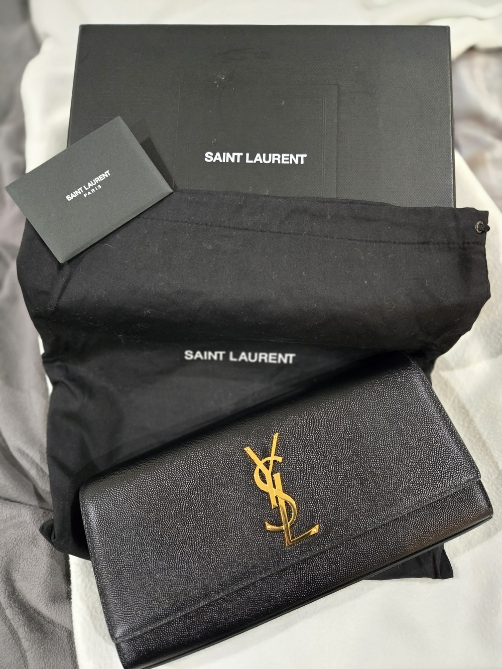 Saint Laurent Black Leather Clutch with Gold YSL Logo